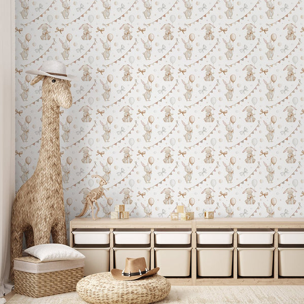 Beige Bunnies & Bunting Wallpaper S110 - CostaCover - Peel and stick Removable Wallpaper - accent wallpaper - adhesive wallpaper - animal print