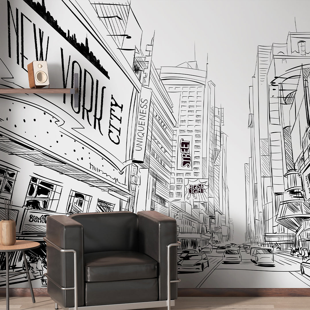 Street Sketch Art Wall Mural with creative urban drawings