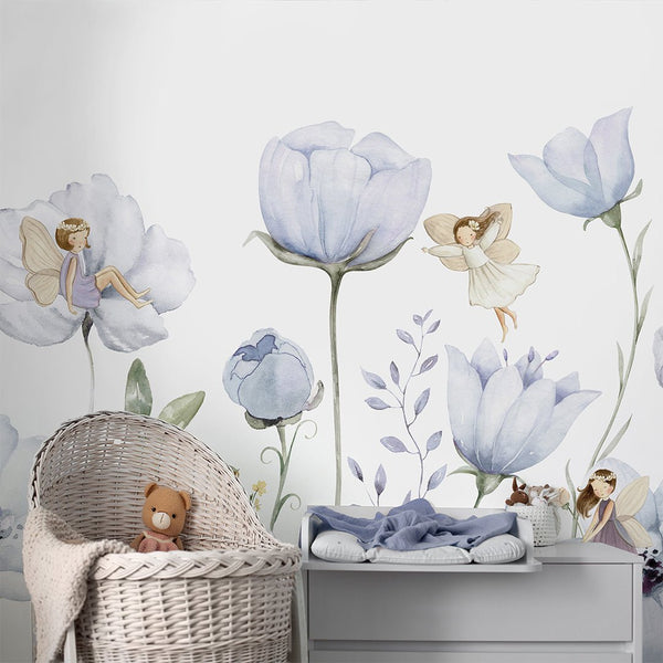 Blue Flower Fairy Wall Mural SM050 - CostaCover - Peel and stick Removable Wallpaper - accent wallpaper - adhesive wallpaper - baby bedroom