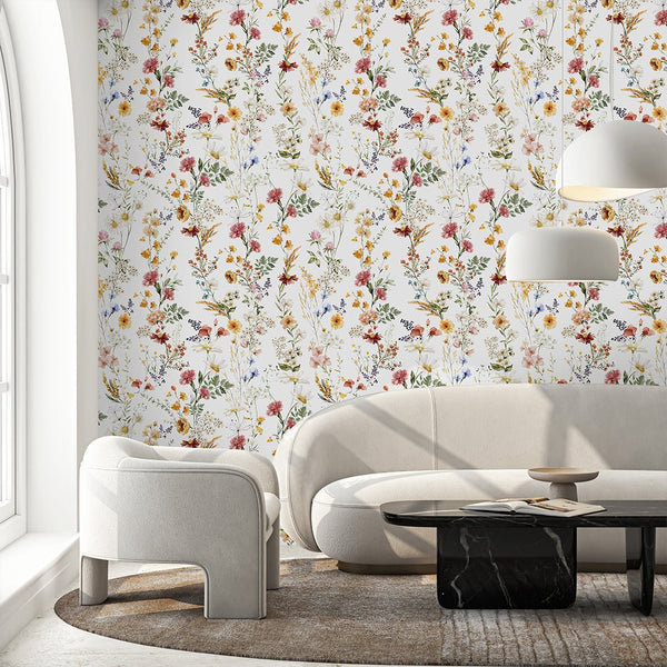 Elegant Red Yellow Wildflowers Wallpaper S074 - CostaCover - Peel and stick Removable Wallpaper - accent wallpaper - adhesive wallpaper - bathroom wallpaper