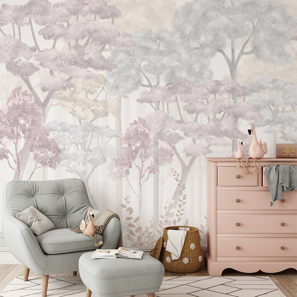 Pink Watercolor Forest Wall Mural WM093 - CostaCover - Peel and stick Removable Wallpaper - abstract floral - abstract forest - abstract wallpaper