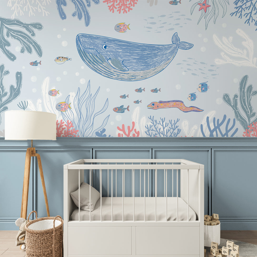 Blue Pink Drawing Whale Wall Mural SM056