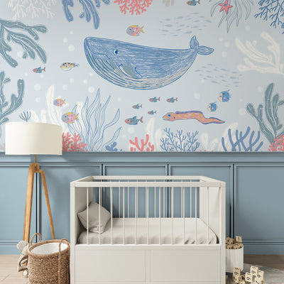 Blue Pink Drawing Whale Wall Mural SM056