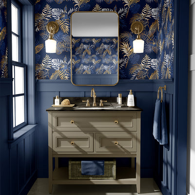 Navy Blue & Gold Palm Leaves Wallpaper CC295