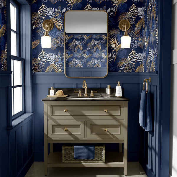 Navy Blue & Gold Palm Leaves Wallpaper CC295 - CostaCover - Peel and stick Removable Wallpaper - accent wallpaper - adhesive wallpaper - bathroom wallpaper