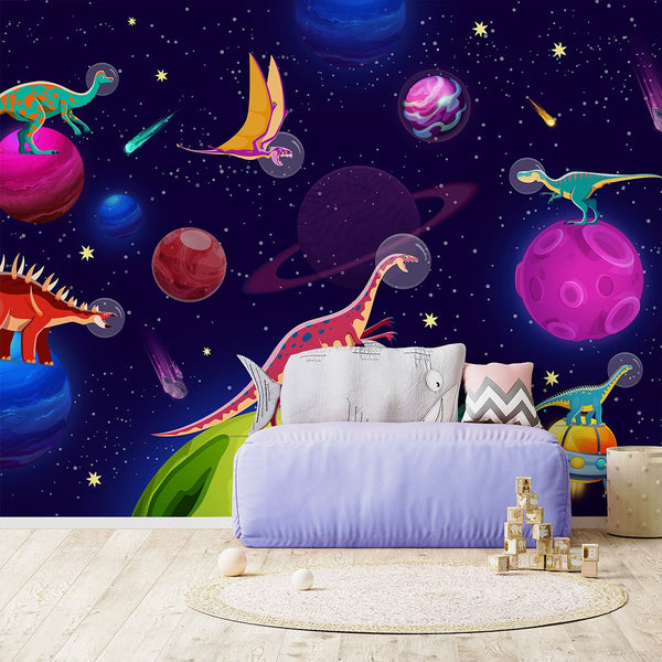 Dinosaurs in Space Wall Mural SM096 - CostaCover - Peel and stick Removable Wallpaper - accent wallpaper - adhesive wallpaper - bathroom wallpaper