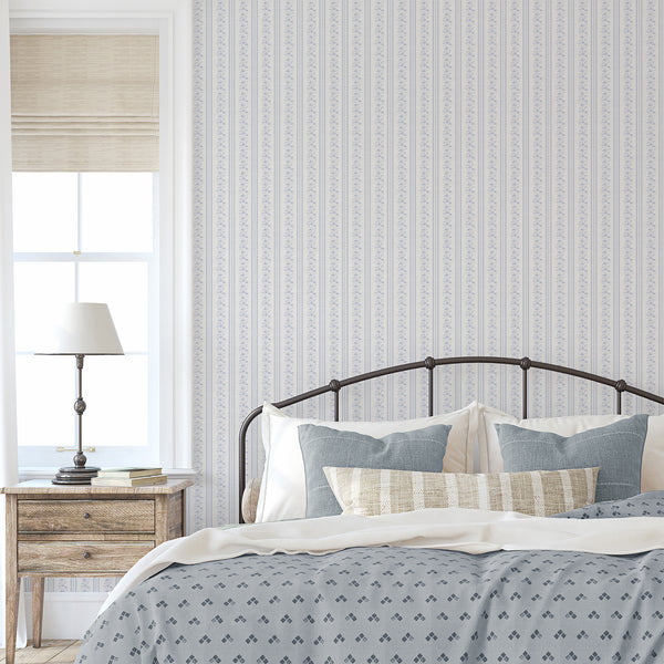 Blue Floral Stripe Wallpaper L129