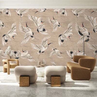 Flying Beige Japanese Cranes Wall Mural WM117