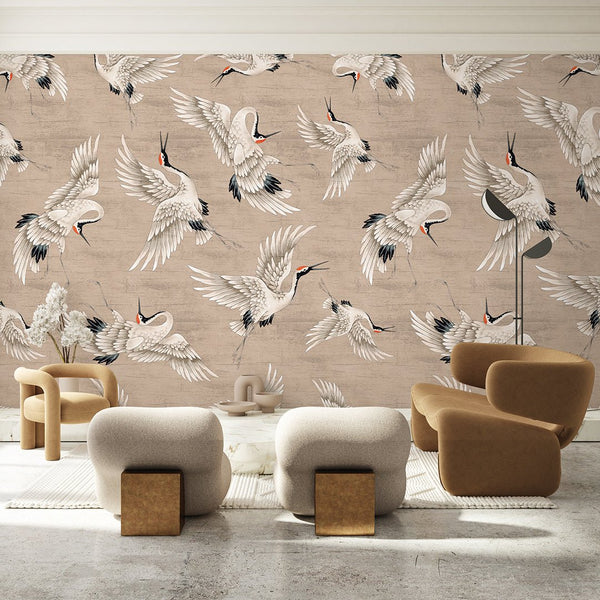 Flying Beige Japanese Cranes Wall Mural WM117 - CostaCover - Peel and stick Removable Wallpaper - abstract wallpaper - accent wallpaper - adhesive wallpaper