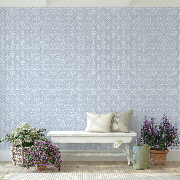 Dusty Blue Linen Floral Lattice Wallpaper L123