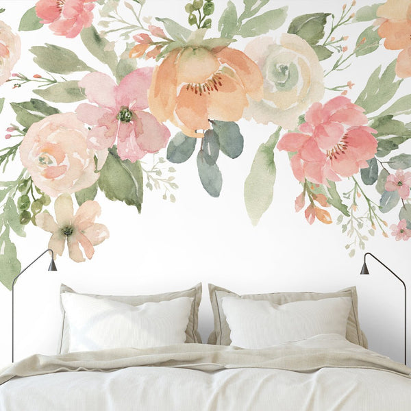 Pink Orange & Green Flowers Wall Mural WM005 - CostaCover - Peel and stick Removable Wallpaper - adhesive wallpaper - bedroom wallpaper - botanical