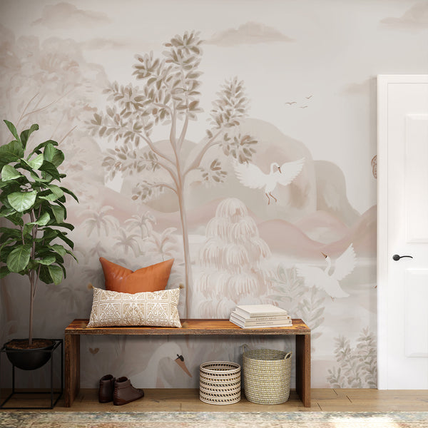 Pastel landscape wallpaper featuring white Japanese swans, delicate butterflies, soft trees and distant mountains for a nursery or peaceful bedroom interior.