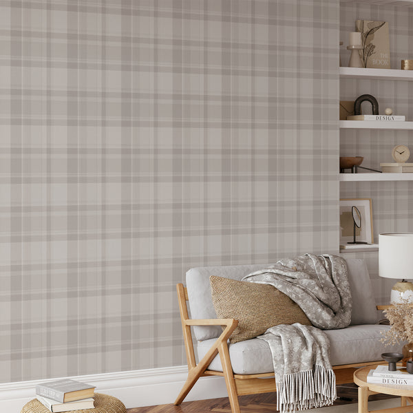 Neutral farmhouse wallpaper with soft taupe, warm gray and creamy beige plaid checks, ideal for vintage country cottage living rooms and bedrooms.