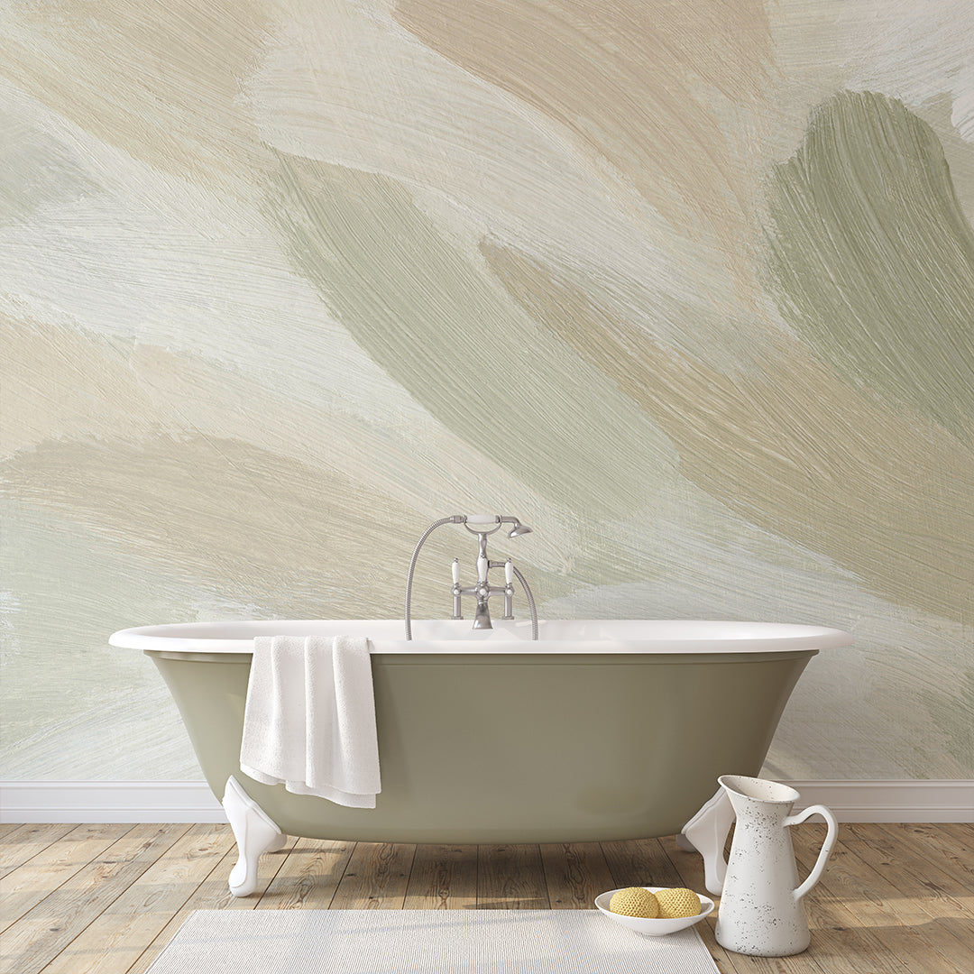 Beige Green Brush Strokes Wall Mural CCM188