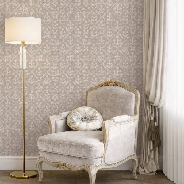 Beige Linen Floral Lattice Wallpaper L121