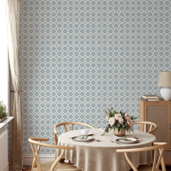 Vintage blue damask wallpaper with ornamental medallions, offering a timeless elegance for bedrooms or entryways. The high-quality, self-adhesive design is made in the USA and easy to apply, providing a classic touch to cottage style spaces.