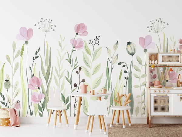 Pink & Green Wildflowers Wall Mural CCM132 - CostaCover - Peel and stick Removable Wallpaper - accent wallpaper - adhesive wallpaper - bathroom wallpaper