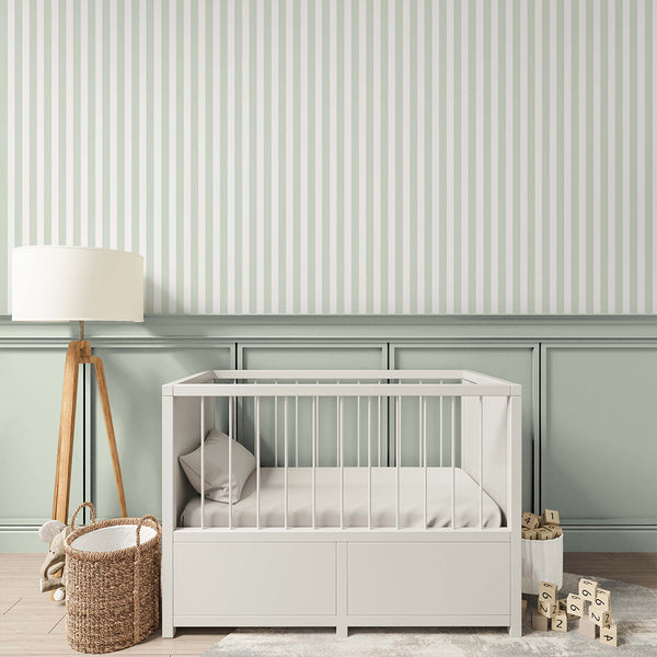 Close-up of mint-green and off-white striped wallpaper, offering a structured, airy design for hallways or home offices. The vertical pinstripes create a visually elevated space, blending seamlessly with classic preppy or Scandinavian interiors. This temporary peel and stick wallpaper is easy to apply and reposition, providing a fresh, modern home decor solution.