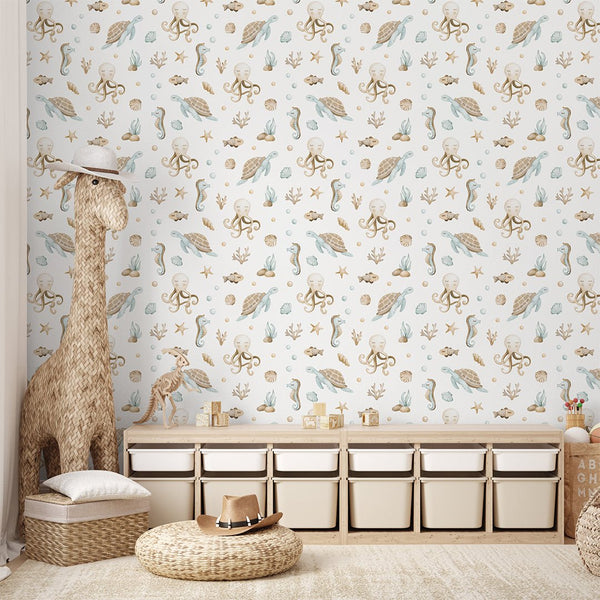 Beige Undersea World Wallpaper S098 - CostaCover - Peel and stick Removable Wallpaper - accent wallpaper - adhesive wallpaper - baby bedroom