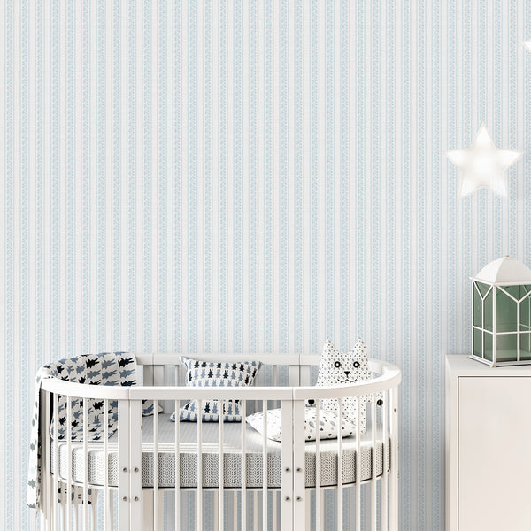 Farmhouse wallpaper with a light blue floral stripe pattern, delicate vertical botanical bands, and a soft pastel palette for stylish nursery decor.