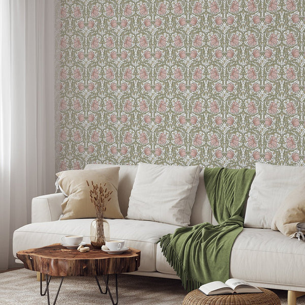 Light Pink & Green Pimpernel by Morris Wallpaper W166 - CostaCover - Peel and stick Removable Wallpaper - accent wallpaper - adhesive wallpaper - bathroom wallpaper