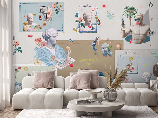 Social Media with Greek Statues Wall Mural CCM153 - CostaCover - Peel and stick Removable Wallpaper - Abstract - abstract mural - abstract wallpaper