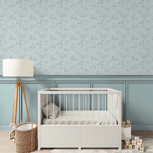 Mint Blue Forest Animals Wallpaper S038 - CostaCover - Peel and stick Removable Wallpaper - abstract forest - abstract wallpaper - accent wallpaper