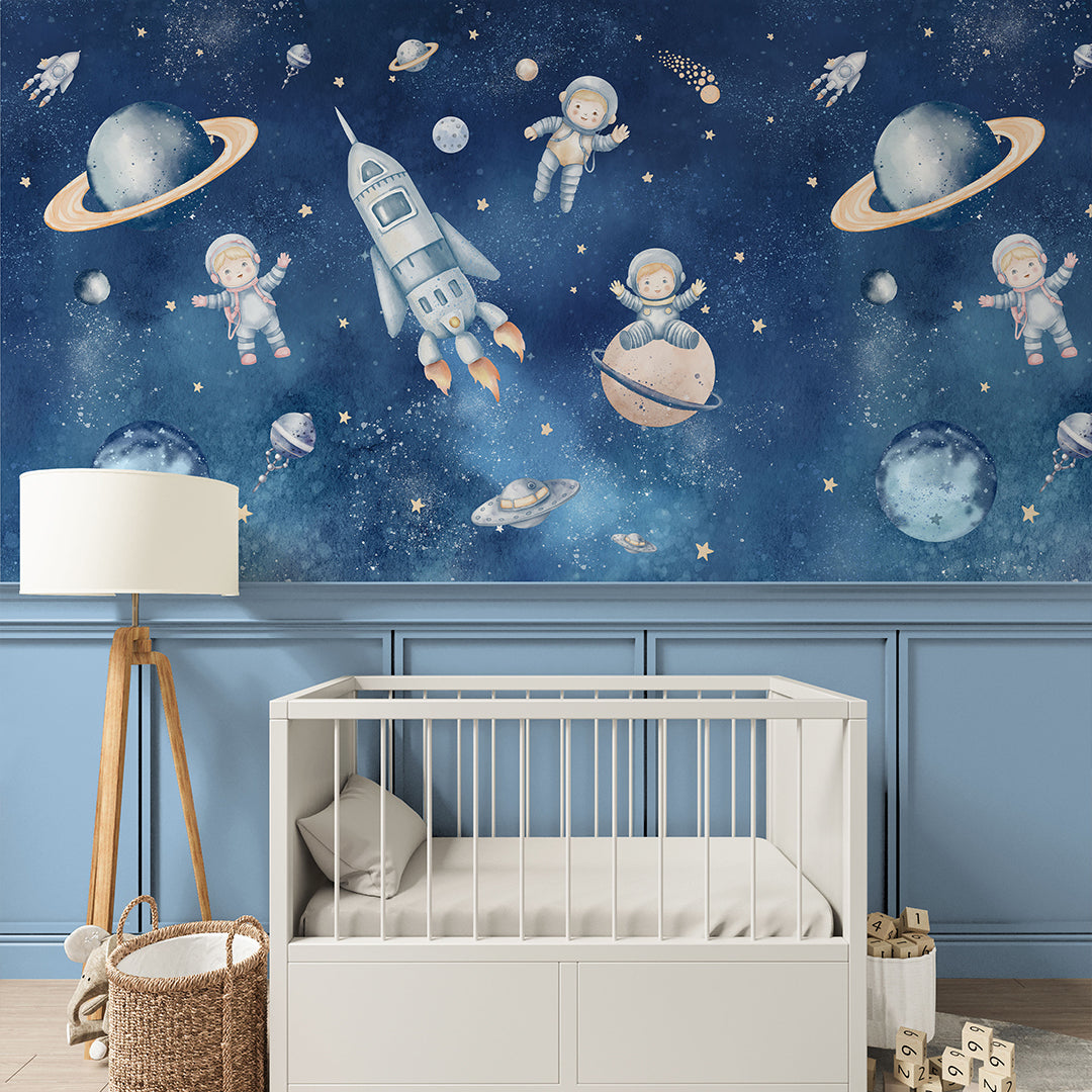 Dark Blue Astronauts & Spaceship Wall Mural SM083