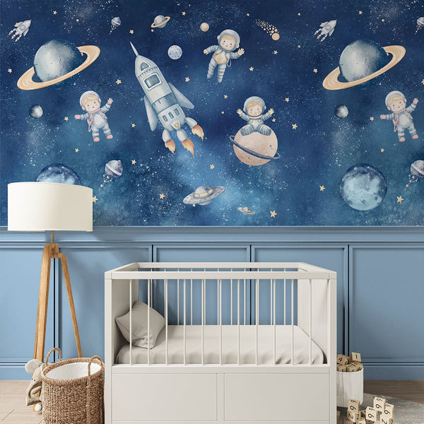 Dark Blue Astronauts & Spaceship Wall Mural SM083 - CostaCover - Peel and stick Removable Wallpaper - accent wallpaper - adhesive wallpaper - bathroom wallpaper