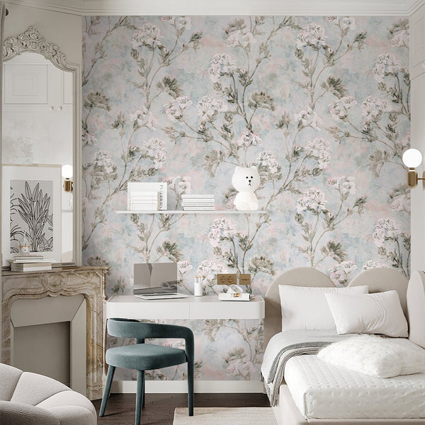 Blue Vintage Flowers Bouquet Wallpaper S075 - CostaCover - Peel and stick Removable Wallpaper - accent wallpaper - adhesive wallpaper - baby bedroom