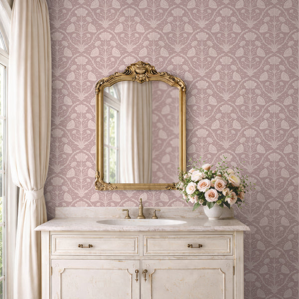 Blush floral wallpaper with gentle botanical motifs, suitable for Arts and Crafts inspired living spaces.