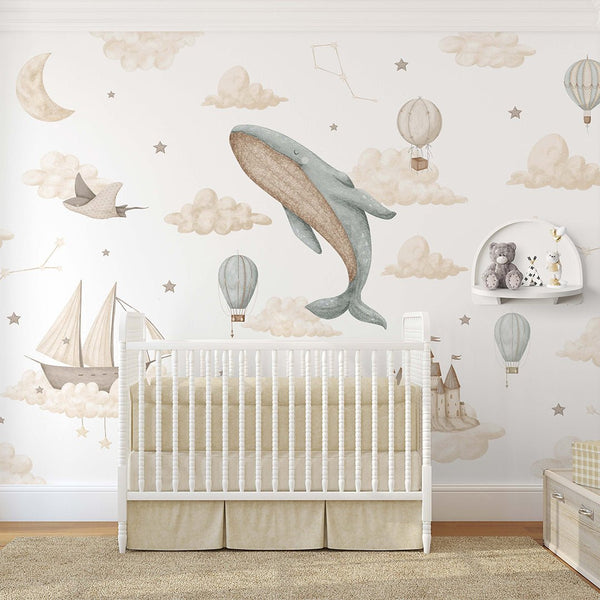 Whale Balloon Sky Cloud Wall Mural SM007 - CostaCover - Peel and stick Removable Wallpaper - accent wallpaper - adhesive wallpaper - air balloon