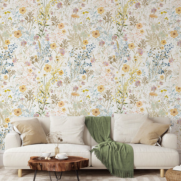 Yellow Wild Floral Wallpaper W048 - CostaCover - Peel and stick Removable Wallpaper - accent wallpaper - adhesive wallpaper - baby bedroom