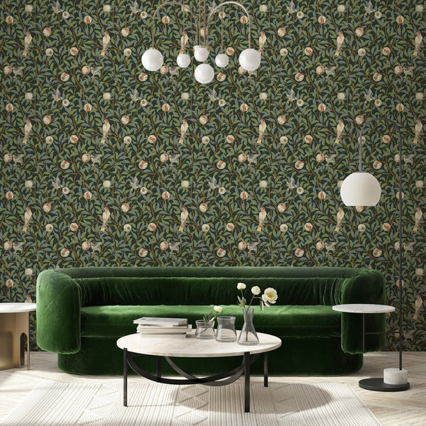 Green Bird & Pomegranate by Morris Wallpaper W087 - CostaCover - Peel and stick Removable Wallpaper - abstract wall art - abstract wallpaper - accent wallpaper