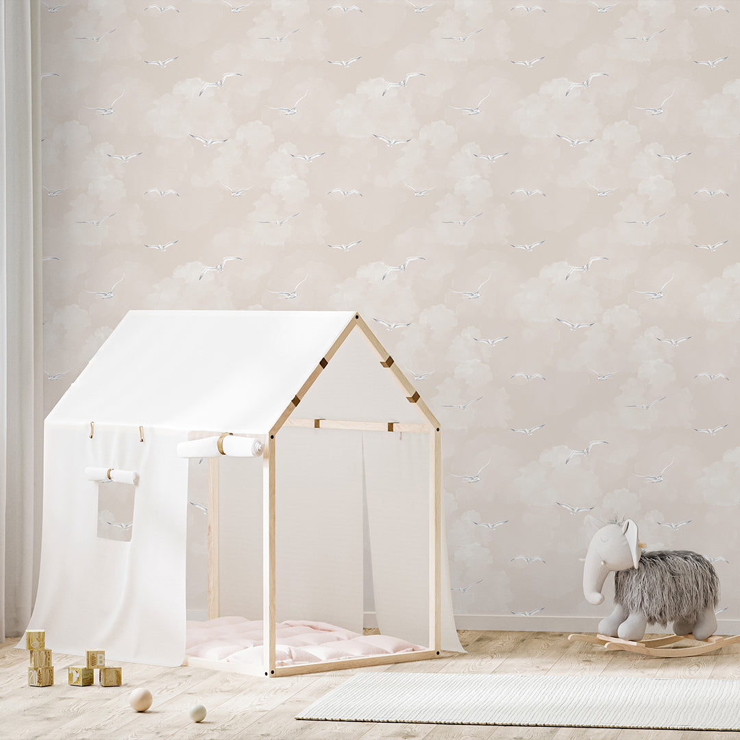 Beige Sky & Seagulls Wallpaper A107