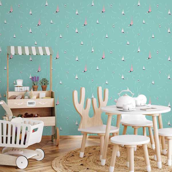 Tiny Turquoise Sailboats Wallpaper A084 - CostaCover-Peel and stick Removable Wallpaper-abstract wall art-abstract wallpaper