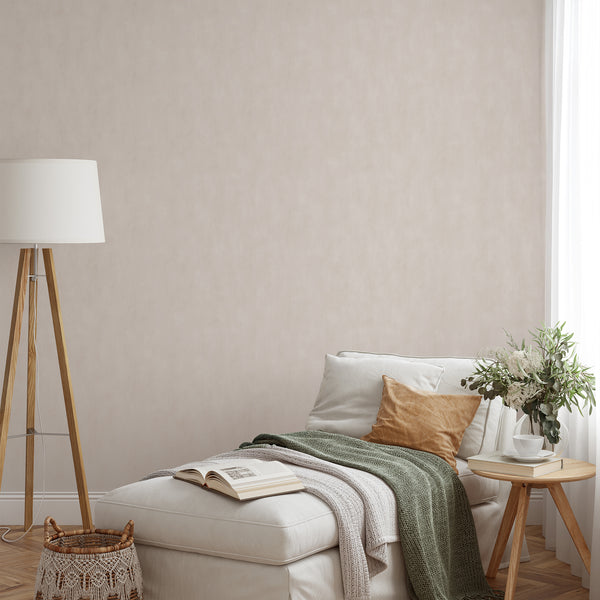 Plaster look wallpaper in warm beige, offering a subtle cloud-like tonality for hallways. The calm matte finish and painterly texture enhance Japandi and modern interiors, providing a serene and neutral foundation.
