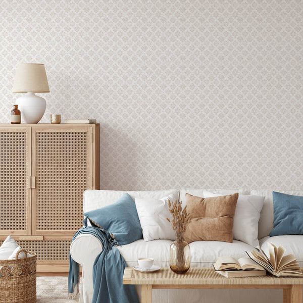 Classic damask wallpaper in warm beige and taupe tones, creating a timeless look with its elegant floral and leaf patterns. This traditional unpasted wallpaper is perfect for adding subtle sophistication to entryways and hallways, enhancing your home decor with its gently aged textile-like texture.