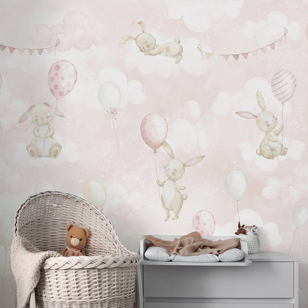 Pink Bunny & Balloons Wall Mural SM077 - CostaCover - Peel and stick Removable Wallpaper - abstract wall art - abstract wallpaper - accent wallpaper