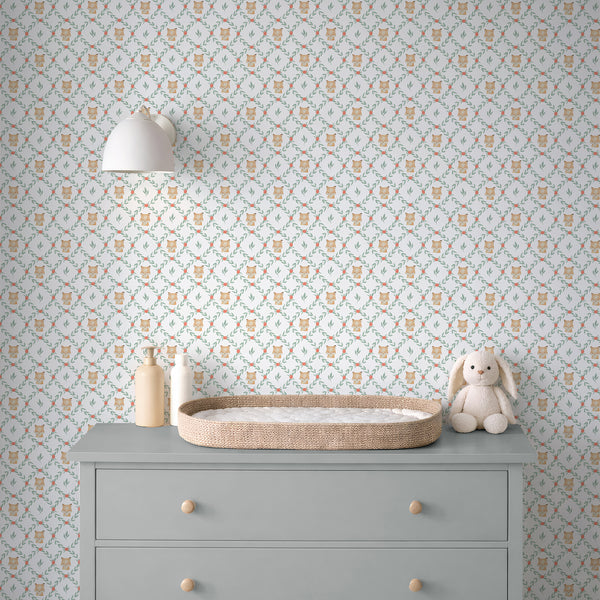 Watercolor fox nursery wallpaper with soft sage green leafy trellis, coral floral accents, and cute fox motifs on a white background.