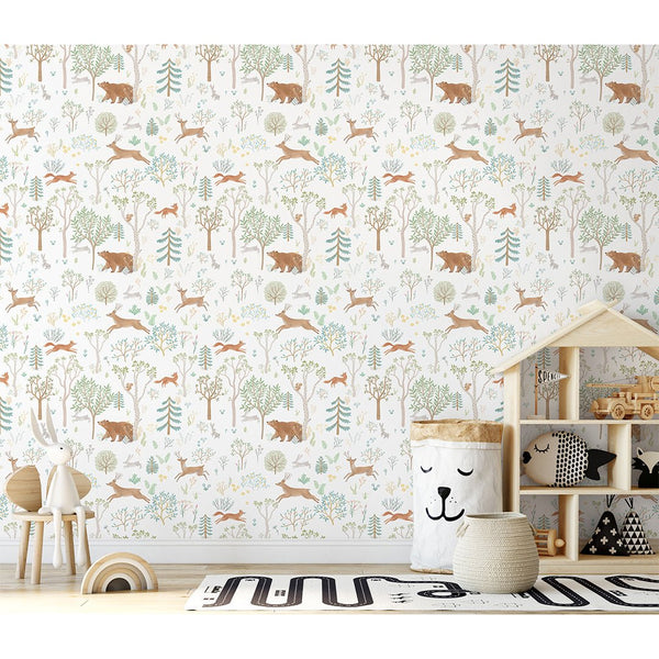 Beige Green Forest Animals Wallpaper S056 - CostaCover - Peel and stick Removable Wallpaper - accent wallpaper - adhesive wallpaper - animal print