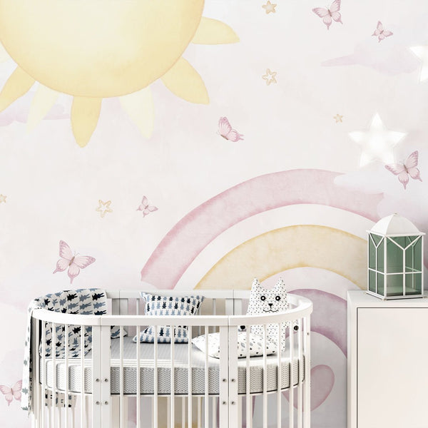 Pink Rainbow & Sun Wall Mural AM144 - CostaCover-Peel and stick Removable Wallpaper-accent wallpaper-adhesive wallpaper-baby bedroom
