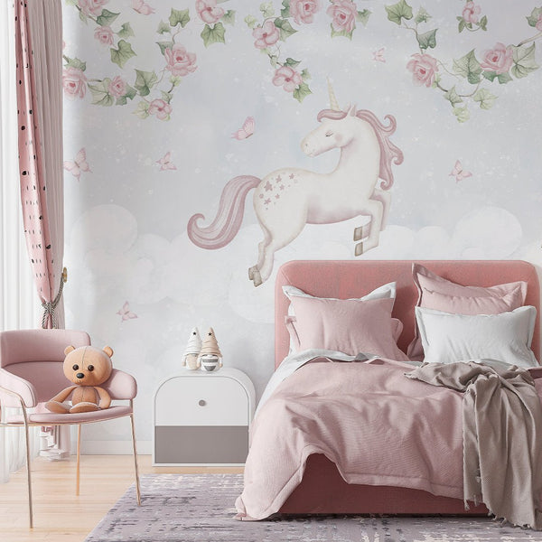 Flying Unicorn in Bloom Wall Mural AM146 - CostaCover-Peel and stick Removable Wallpaper-accent wallpaper-adhesive wallpaper-baby bedroom
