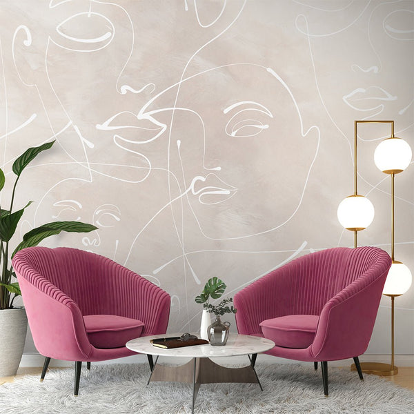 Beige Line Art Face Wall Mural CCM144 - CostaCover - Peel and stick Removable Wallpaper - Abstract - abstract lines - abstract wall art