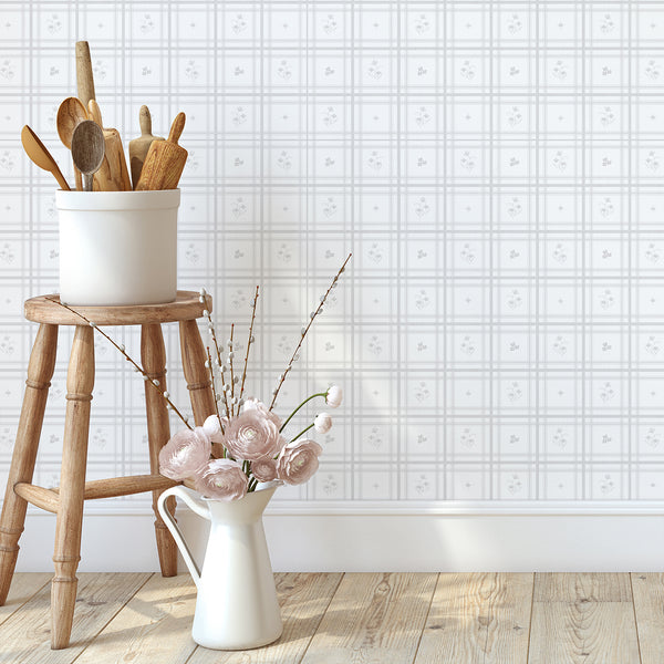 Gray Plaid Floral Wallpaper L149