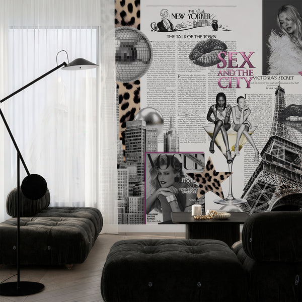 Black-and-white editorial imagery with pink accents and newspaper-style text, offering a bold statement for fashion-forward interiors.