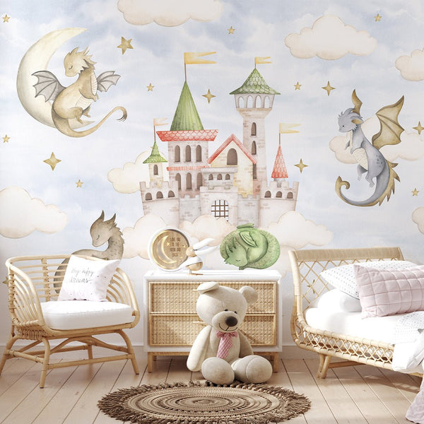 Blue Sky Dragons Castle Wall Mural SM035 - CostaCover - Peel and stick Removable Wallpaper - accent wallpaper - adhesive wallpaper - baby bedroom