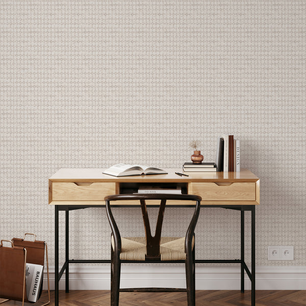 Subtle geometric pattern with tiny taupe diamonds and squares on an off-white background, providing a quiet texture for hallways. This high-quality removable material is Made in the USA.