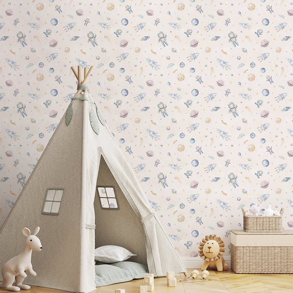 Beige Astronauts & Rockets Wallpaper S123 - CostaCover-Peel and stick Removable Wallpaper-accent wallpaper-adhesive wallpaper-baby bedroom