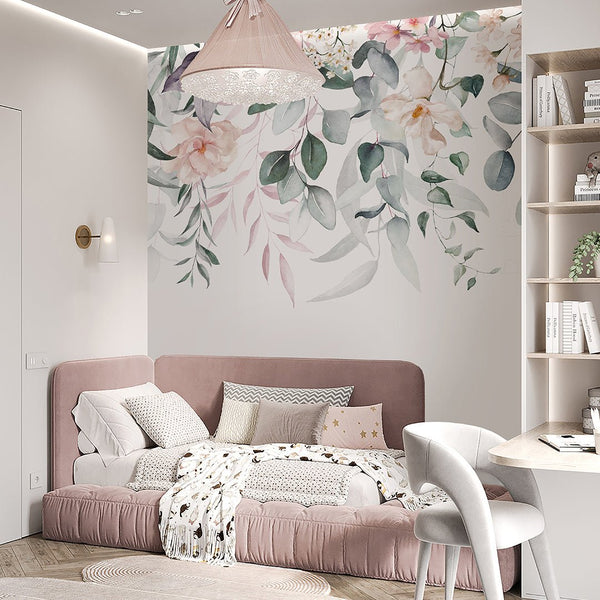 Pink Hanging Flowers and Leaves Wall Mural SM022 - CostaCover - Peel and stick Removable Wallpaper - accent wallpaper - adhesive wallpaper - bathroom wallpaper